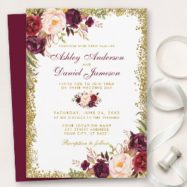 Burgundy Floral Gold Glitzer Hochzeitseinladung B Einladung