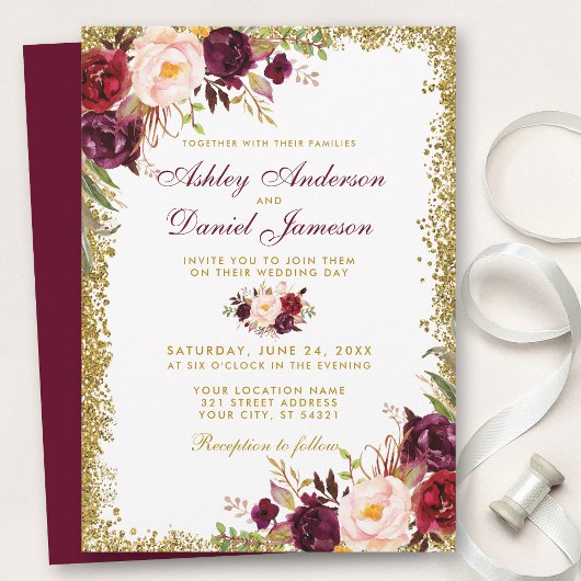 Burgundy Floral Gold Glitzer Hochzeitseinladung B Einladung