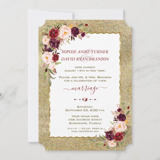 Burgundy Floral Gold Glitzer Wedding Abend Einladung (Vorderseite)