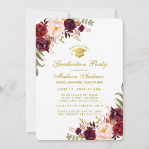 Burgundy Floral Gold Graduation Party Einladung R