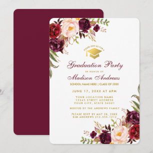 Burgundy Floral Gold Graduation Party lädt BR ein Einladung