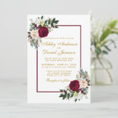 Burgundy Floral Gold Grüne Gerahmte Hochzeit Einladung (Stehend Vorderseite)