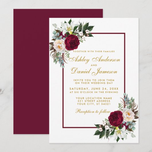 Burgundy Floral Gold Grüne Gerahmte Hochzeit Einladung (Vorne/Hinten)