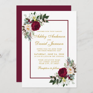 Burgundy Floral Gold Grüne Gerahmte Hochzeit Einladung