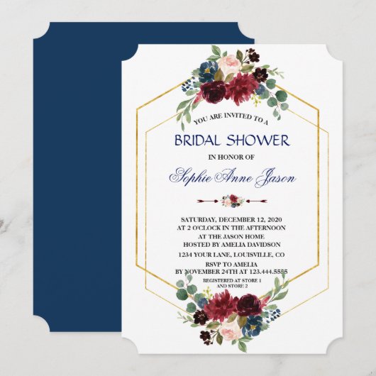 Burgundy Floral Gold Hexagon Frame Brautparty Einladung (Vorne/Hinten)