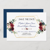 Burgundy Floral Gold Hexagon Rahmen Save the Date (Vorne/Hinten)