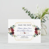 Burgundy Floral Gold Hexagon Rahmen Save the Date (Stehend Vorderseite)