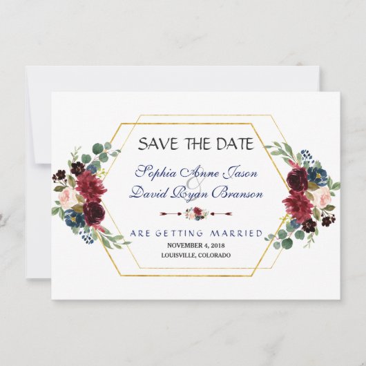 Burgundy Floral Gold Hexagon Rahmen Save the Date (Vorderseite)