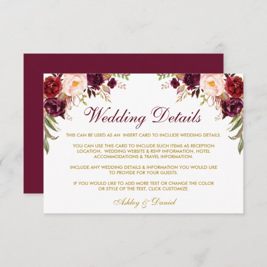 Burgundy Floral Gold Hochzeitdetails Beipackkarte Begleitkarte (Vorne/Hinten)