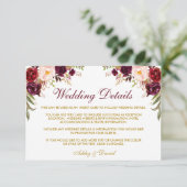 Burgundy Floral Gold Hochzeitdetails Beipackkarte Begleitkarte (Stehend Vorderseite)