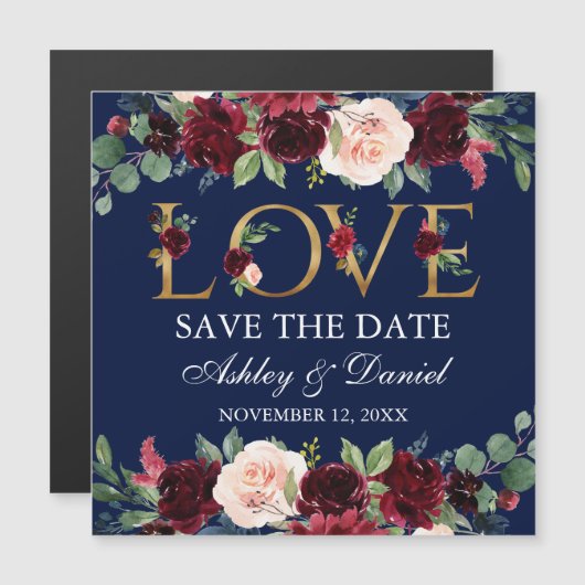Burgundy Floral Gold Liebe Magnetic Save the Date Magnetkarte (Vorne/Hinten)