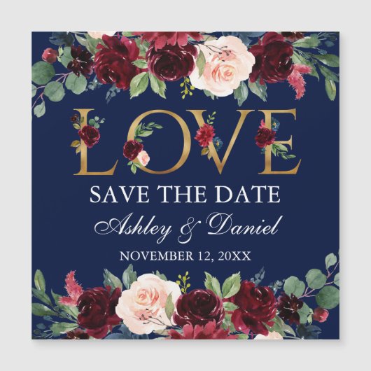 Burgundy Floral Gold Liebe Magnetic Save the Date Magnetkarte (Vorderseite)