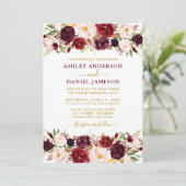 Burgundy Floral Gold Moderne Hochzeit Einladung (Stehend Vorderseite)
