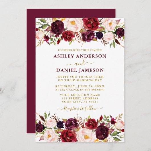 Burgundy Floral Gold Moderne Hochzeit Einladung (Vorne/Hinten)