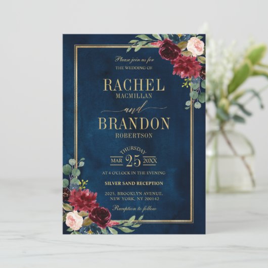 Burgundy Floral Gold Navy Blauer Rustikaler Hochze Einladung (Stehend Vorderseite)