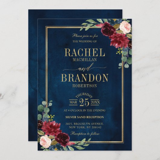Burgundy Floral Gold Navy Blauer Rustikaler Hochze Einladung (Vorne/Hinten)
