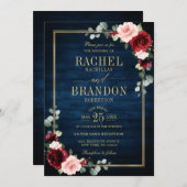 Burgundy Floral Gold Navy Blauer Rustikaler Hochze Einladung (Vorne/Hinten)