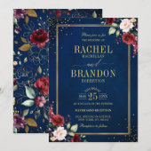 Burgundy Floral Gold Navy Blauer Rustikaler Hochze Einladung (Vorne/Hinten)
