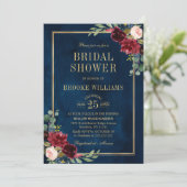 Burgundy Floral Gold Navy Blue Brautparty Einladung (Stehend Vorderseite)