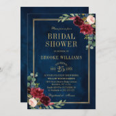 Burgundy Floral Gold Navy Blue Brautparty Einladung (Vorne/Hinten)