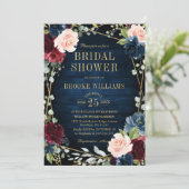 Burgundy Floral Gold Navy Blue Brautparty Einladung (Stehend Vorderseite)