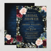 Burgundy Floral Gold Navy Blue Brautparty Einladung (Vorne/Hinten)