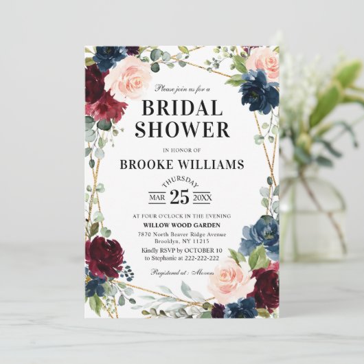 Burgundy Floral Gold Navy Blue Brautparty Einladung (Stehend Vorderseite)