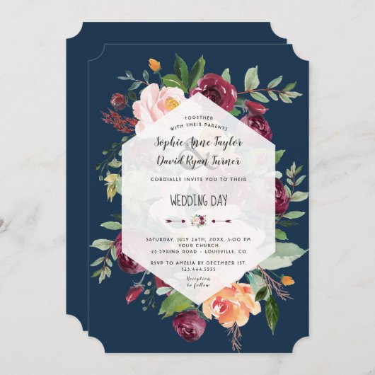 Burgundy Floral Gold Navy Blue Geometric Wedding Einladung (Vorne/Hinten)