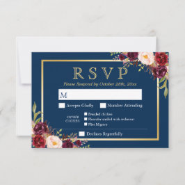 Burgundy Floral Gold Navy Blue Meel Optionen UAWG RSVP Karte