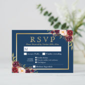 Burgundy Floral Gold Navy Blue Meel Optionen UAWG RSVP Karte (Stehend Vorderseite)