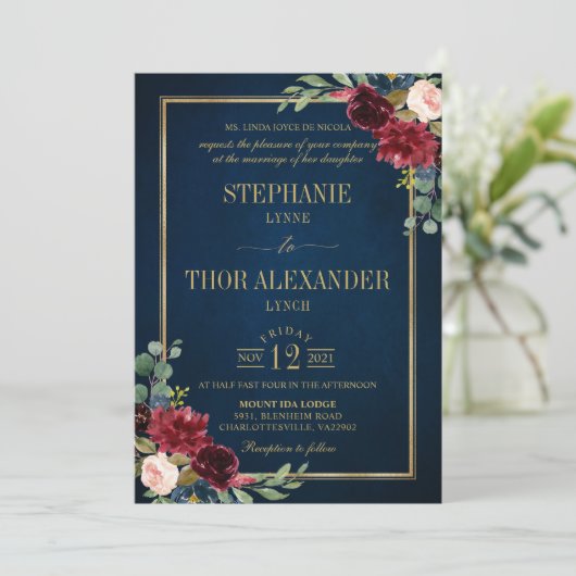 Burgundy Floral Gold Navy Blue Rustic Wedding Invi Einladung (Stehend Vorderseite)