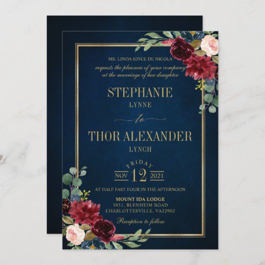 Burgundy Floral Gold Navy Blue Rustic Wedding Invi Einladung (Vorne/Hinten)