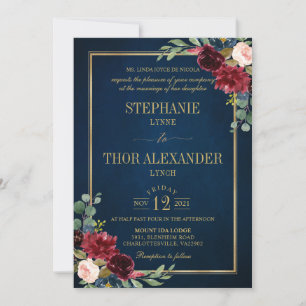 Burgundy Floral Gold Navy Blue Rustic Wedding Invi Einladung