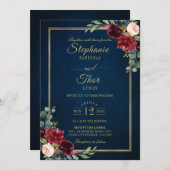 Burgundy Floral Gold Navy Blue Rustic Wedding Invi Einladung (Vorne/Hinten)