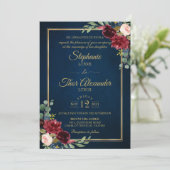 Burgundy Floral Gold Navy Blue Rustic Wedding Invi Einladung (Stehend Vorderseite)