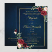 Burgundy Floral Gold Navy Blue Rustic Wedding Invi Einladung (Vorne/Hinten)