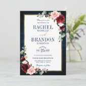 Burgundy Floral Gold Navy Blue Rustic Wedding Invi Einladung (Stehend Vorderseite)
