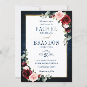 Burgundy Floral Gold Navy Blue Rustic Wedding Invi Einladung