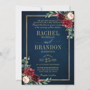 Burgundy Floral Gold Navy Blue Rustic Wedding Invi Einladung