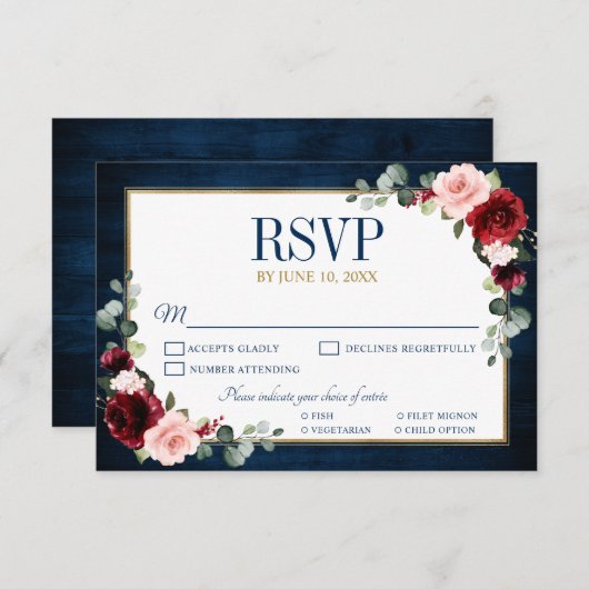 Burgundy Floral Gold Navy Blue Rustic Wedding RSVP (Vorne/Hinten)