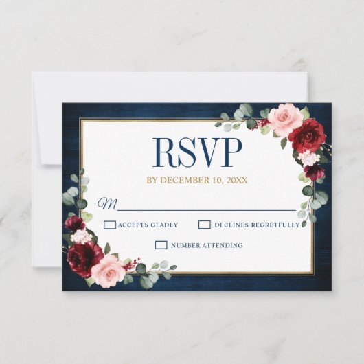 Burgundy Floral Gold Navy Blue Rustic Wedding RSVP (Vorderseite)