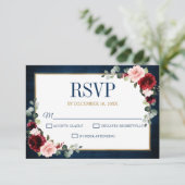 Burgundy Floral Gold Navy Blue Rustic Wedding RSVP (Stehend Vorderseite)