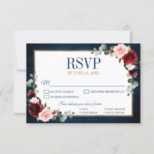 Burgundy Floral Gold Navy Blue Rustic Wedding RSVP Karte