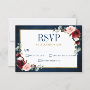 Burgundy Floral Gold Navy Blue Rustic Wedding RSVP Karte
