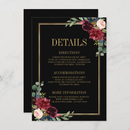 Burgundy Floral Gold Navy Blue Wedding Details ENC Begleitkarte (Vorne/Hinten)