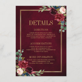 Burgundy Floral Gold Navy Blue Wedding Details ENC Begleitkarte
