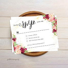 Burgundy Floral Gold Polygonal Geometric Wedding RSVP Karte