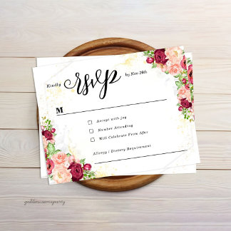 Burgundy Floral Gold Polygonal Geometric Wedding RSVP Karte