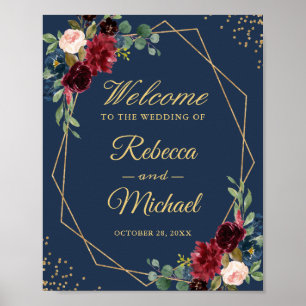 Burgundy Floral Gold Rahmen Navy Blue Wedding Sign Poster