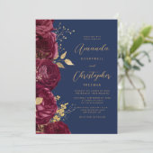 Burgundy Floral Gold Script Navy Blue Wedding Einladung (Stehend Vorderseite)